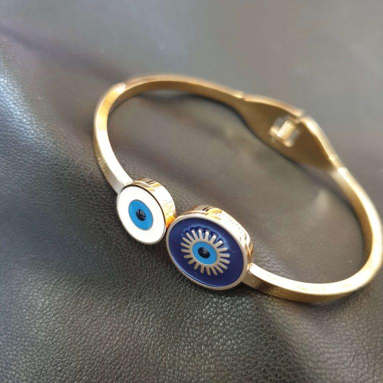 bracelet en acier inoxydable pour femmes, couleur or et blanc au printemps, œil bleu, à la mode, bijoux fins, cadeau