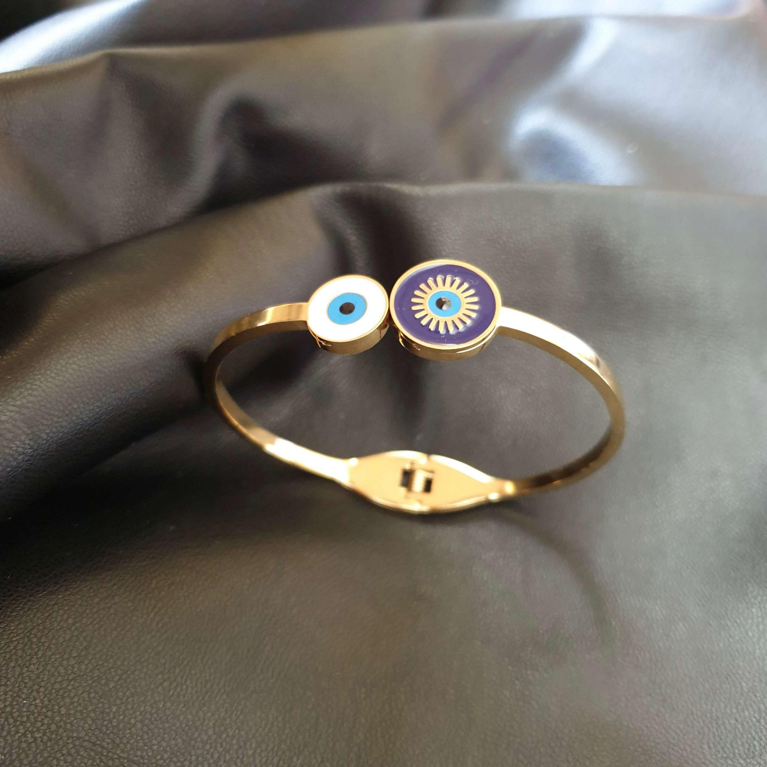 bracelet en acier inoxydable pour femmes, couleur or et blanc au printemps, œil bleu, à la mode, bijoux fins, cadeau
