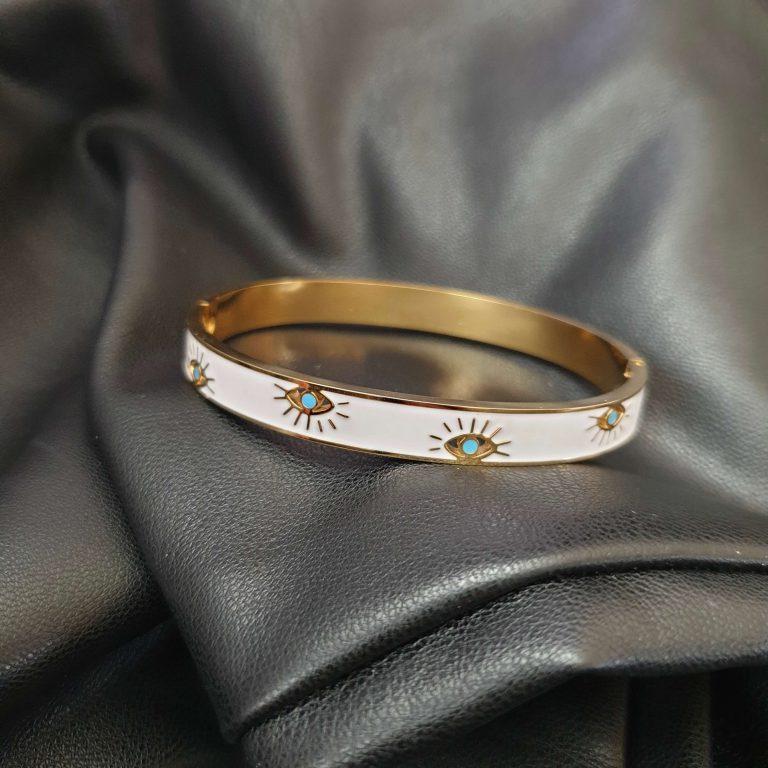 bracelet en acier inoxydable pour femmes, couleur or et blanc au printemps, œil bleu, cristal, à la mode, bijoux fins, cadeau