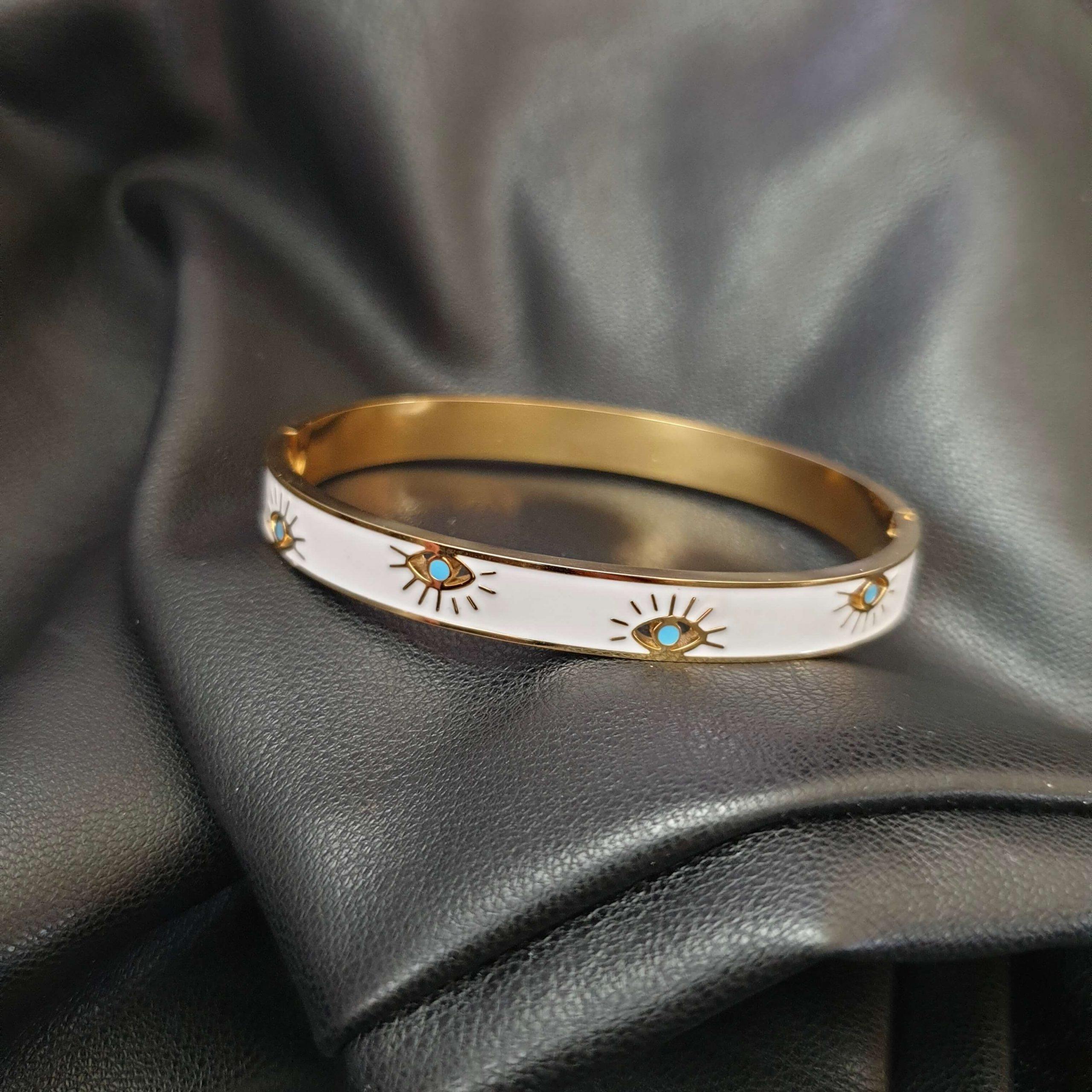 bracelet en acier inoxydable pour femmes, couleur or et blanc au printemps, œil bleu, cristal, à la mode, bijoux fins, cadeau