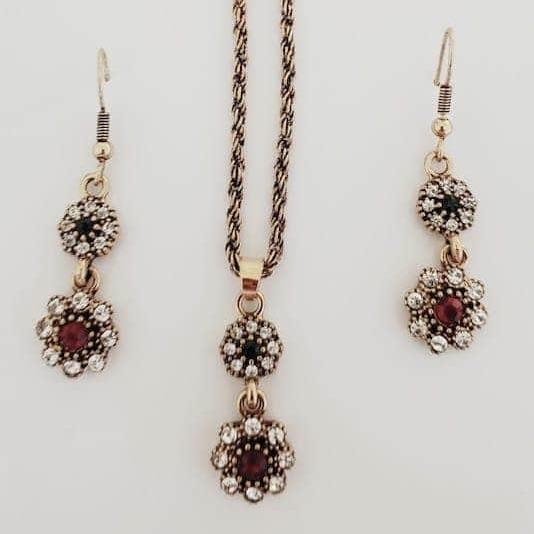 Ensembles de bijoux turc ottoman Vintage pour femmes, boucles d'oreilles pendantes, collier bohème fleur rouge et verte, bijoux de mariage, rétro couleur or, bijoux turcs